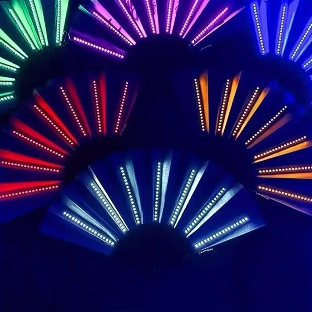 LED Folding Fans with Battery - UV-Resistant Fabric, 6 Color Changing Remote.